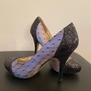 Lulu Townsend Black Lace & Glitter Party Heels 7.5